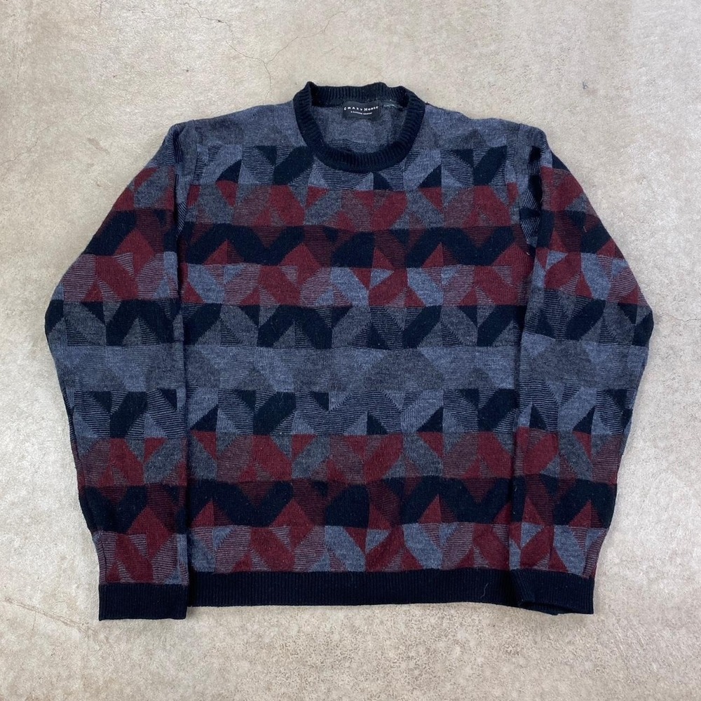 Vintage 90s Crazy Horse Sweater Size Medium Gray Red Black Striped Knit Pullover